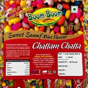 Boom Boom Chattam Chatta Sweet Saunf Mint Flavour Candy | Sugar Boiled Confectionery | Pack of 60 Pouches